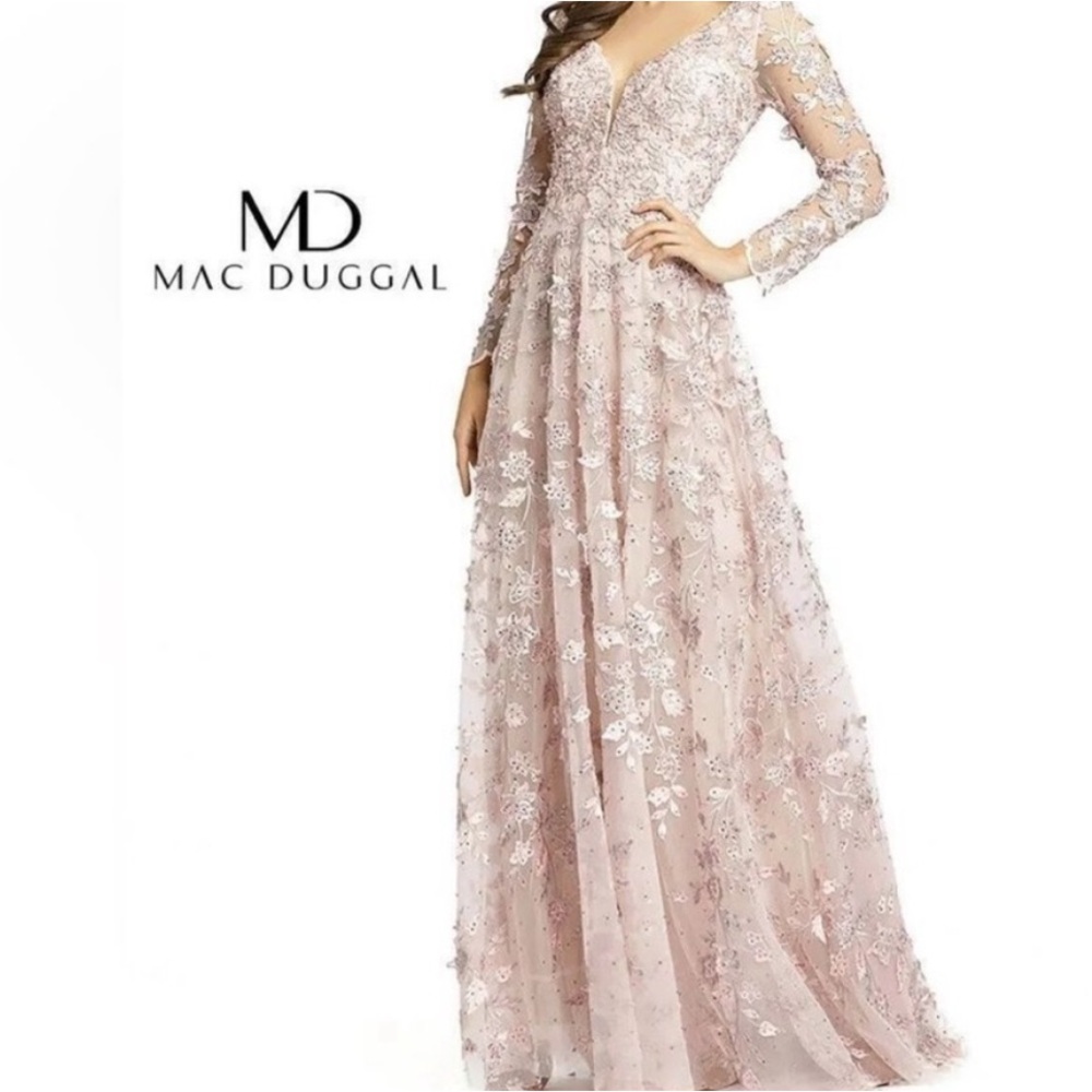 Mac Duggal Pink Floral Applique Long Sleeve
Illusion Gown